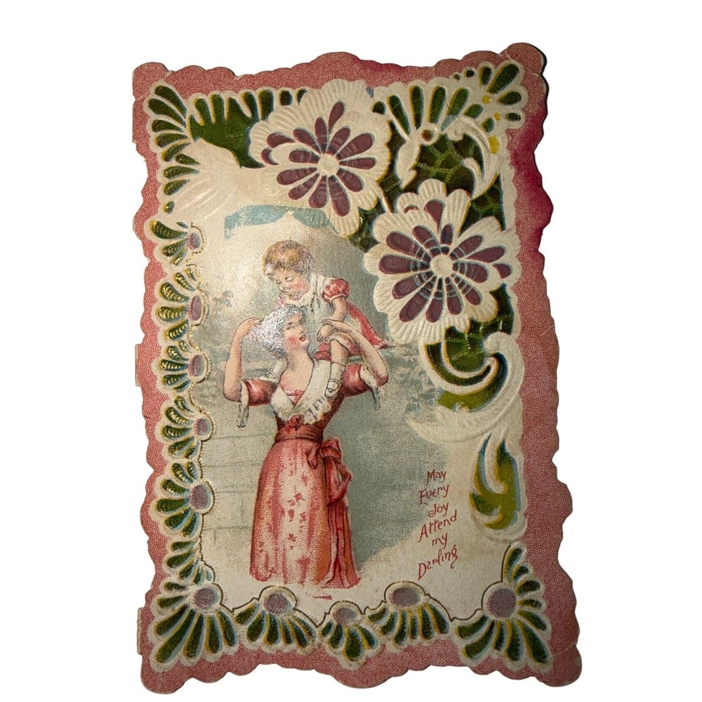 VTG Unbranded Victorian Die Cut Greeting Card Pink Mother Child Floral Ephemera